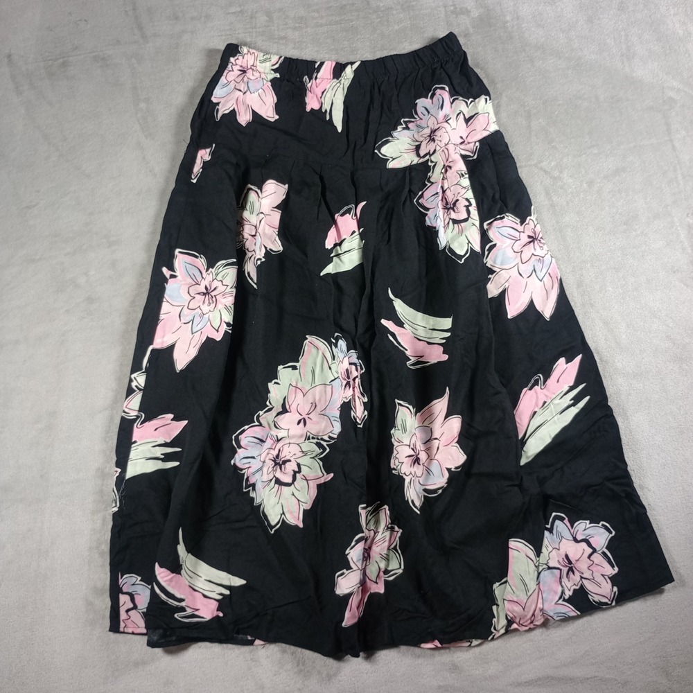 California Krush Floral Midi Skirt Womens Medium Black Rayon Vintage 90s Boho